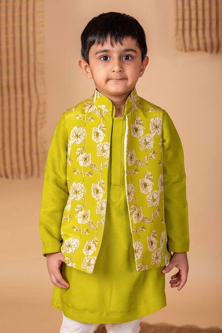 Lil Angels Green Cotton, Silk Bloom Print Bundi Kurta Set Online at Aza Fashions Lil Angels_Green Cotton, Silk Bloom Print Bundi Kurta Set _Online_at_Aza_Fashions