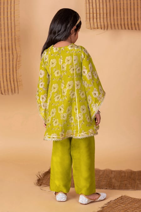 Shop Lil Angels Green Cotton, Silk Lace, Gardenia Print And Embellished Kurta With Salwar at Aza Fashions Shop_Lil Angels_Green Cotton, Silk Lace, Gardenia Print And Embellished Kurta With Salwar _at_Aza_Fashions