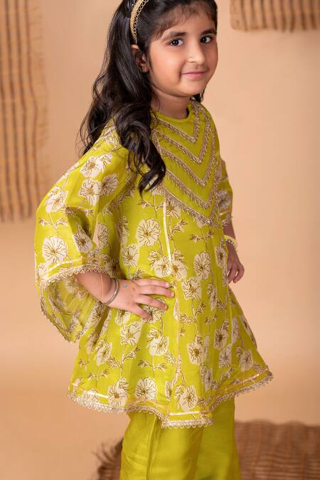 Buy Lil Angels Green Cotton, Silk Lace, Gardenia Print And Embellished Kurta With Salwar Online at Aza Fashions Buy_Lil Angels_Green Cotton, Silk Lace, Gardenia Print And Embellished Kurta With Salwar _Online_at_Aza_Fashions