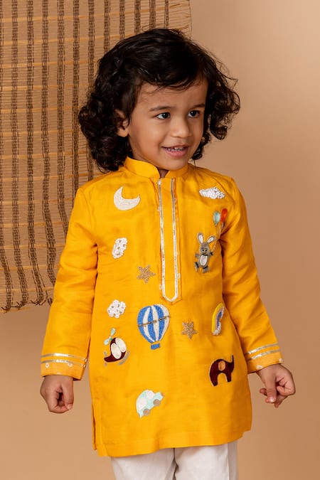 Shop Lil Angels Yellow Silk, Cotton Beads, Embroidery Fantasy Fun Kurta With Pant at Aza Fashions Shop_Lil Angels_Yellow Silk, Cotton Beads, Embroidery Fantasy Fun Kurta With Pant _at_Aza_Fashions