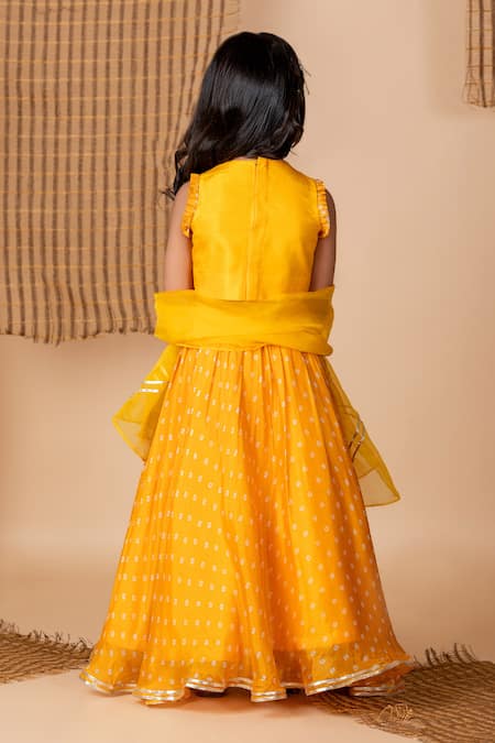 Shop Lil Angels Yellow Silk Beads, Gota Fantasy Fun Embroidered Blouse With Bandhani Lehenga at Aza Fashions Shop_Lil Angels_Yellow Silk Beads, Gota Fantasy Fun Embroidered Blouse With Bandhani Lehenga _at_Aza_Fashions