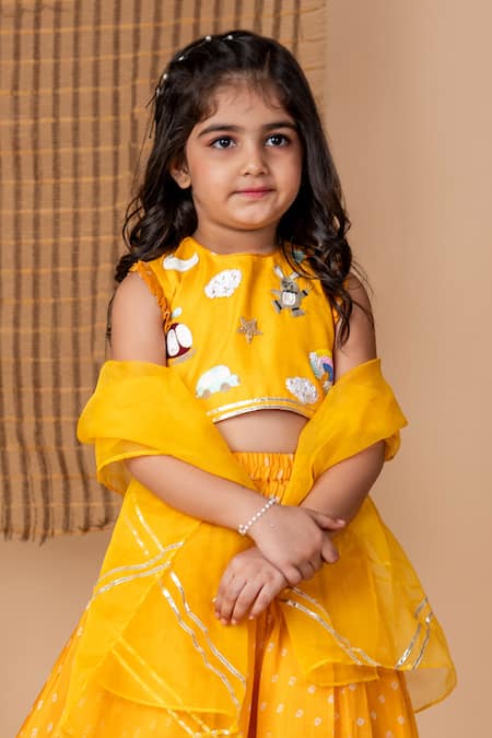 Lil Angels Yellow Silk Beads, Gota Fantasy Fun Embroidered Blouse With Bandhani Lehenga Online at Aza Fashions Lil Angels_Yellow Silk Beads, Gota Fantasy Fun Embroidered Blouse With Bandhani Lehenga _Online_at_Aza_Fashions