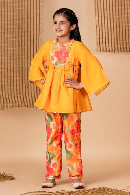 Lil Angels_Yellow Silk, Muslin, Cotton Floral Print And Embellished Yoke Kurta With Pant _Online_at_Aza_Fashions