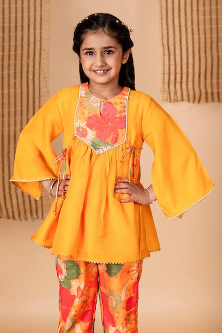 Buy_Lil Angels_Yellow Silk, Muslin, Cotton Floral Print And Embellished Yoke Kurta With Pant _Online_at_Aza_Fashions