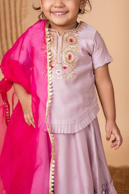 Shop_Lil Angels_Purple Silk Embroidery Phool Blouse With Lehenga _Online_at_Aza_Fashions