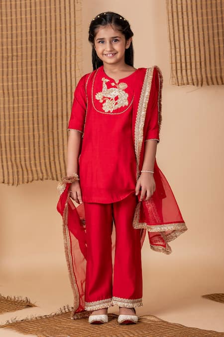 Lil Angels_Red Silk Sequins, Cut Work, Lace Peacock Motif Embroidered Kurta Pant Set _Online_at_Aza_Fashions
