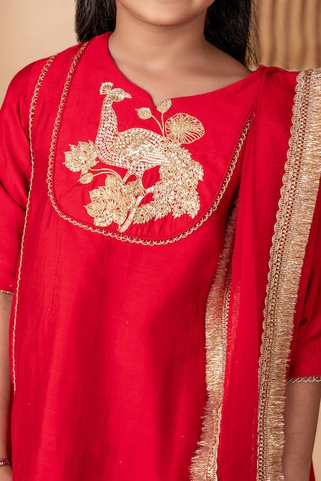 Shop_Lil Angels_Red Silk Sequins, Cut Work, Lace Peacock Motif Embroidered Kurta Pant Set _Online_at_Aza_Fashions