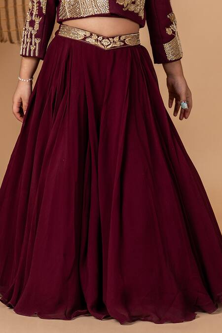 Lil Angels_Wine Georgette, Crepe, Cotton Peacock Motif Embroidered Jacket With Lehenga _Online_at_Aza_Fashions
