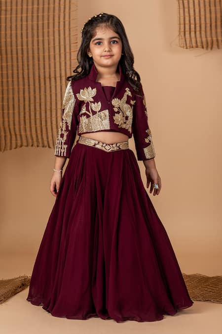 Buy_Lil Angels_Wine Georgette, Crepe, Cotton Peacock Motif Embroidered Jacket With Lehenga _Online_at_Aza_Fashions