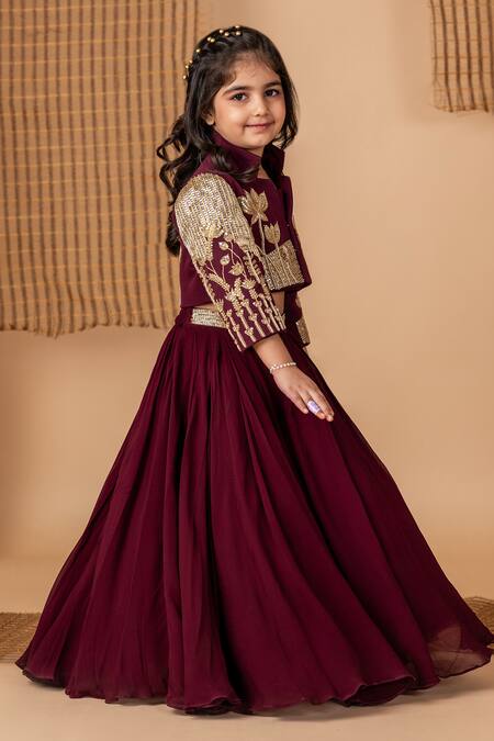 Shop_Lil Angels_Wine Georgette, Crepe, Cotton Peacock Motif Embroidered Jacket With Lehenga _Online_at_Aza_Fashions