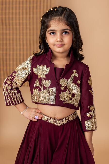 Lil Angels_Wine Georgette, Crepe, Cotton Peacock Motif Embroidered Jacket With Lehenga _at_Aza_Fashions