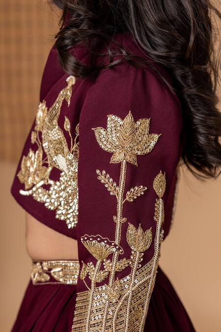 Buy_Lil Angels_Wine Georgette, Crepe, Cotton Peacock Motif Embroidered Jacket With Lehenga 