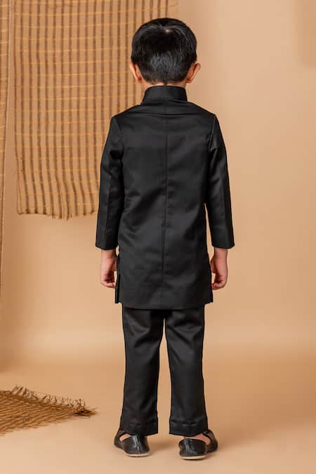 Shop Lil Angels Black Cotton Sequins, Beads Bird Motif Embroidered Achkan With Pant at Aza Fashions Shop_Lil Angels_Black Cotton Sequins, Beads Bird Motif Embroidered Achkan With Pant _at_Aza_Fashions