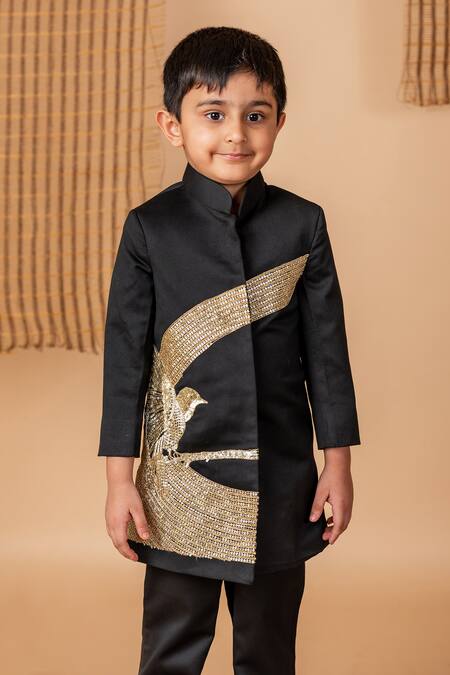 Buy Lil Angels Black Cotton Sequins, Beads Bird Motif Embroidered Achkan With Pant Online at Aza Fashions Buy_Lil Angels_Black Cotton Sequins, Beads Bird Motif Embroidered Achkan With Pant _Online_at_Aza_Fashions