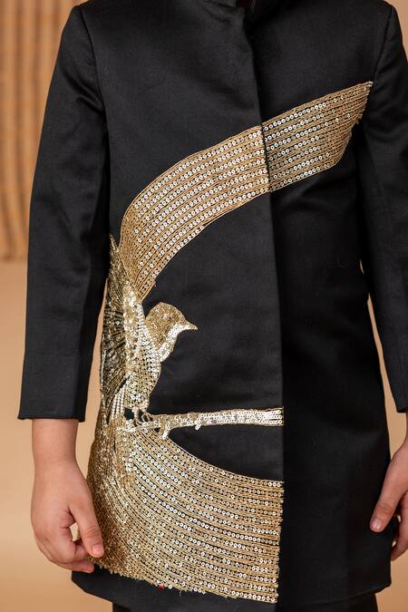 Shop Lil Angels Black Cotton Sequins, Beads Bird Motif Embroidered Achkan With Pant Online at Aza Fashions Shop_Lil Angels_Black Cotton Sequins, Beads Bird Motif Embroidered Achkan With Pant _Online_at_Aza_Fashions