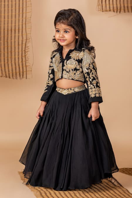 Lil Angels Black Cotton Embroidery, Sequins, Beads Floral And Bird Jacket Lehenga Set Online at Aza Fashions Lil Angels_Black Cotton Embroidery, Sequins, Beads Floral And Bird Jacket Lehenga Set _Online_at_Aza_Fashions