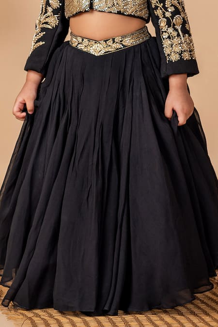 Buy Lil Angels Black Cotton Embroidery, Sequins, Beads Floral And Bird Jacket Lehenga Set Online at Aza Fashions Buy_Lil Angels_Black Cotton Embroidery, Sequins, Beads Floral And Bird Jacket Lehenga Set _Online_at_Aza_Fashions
