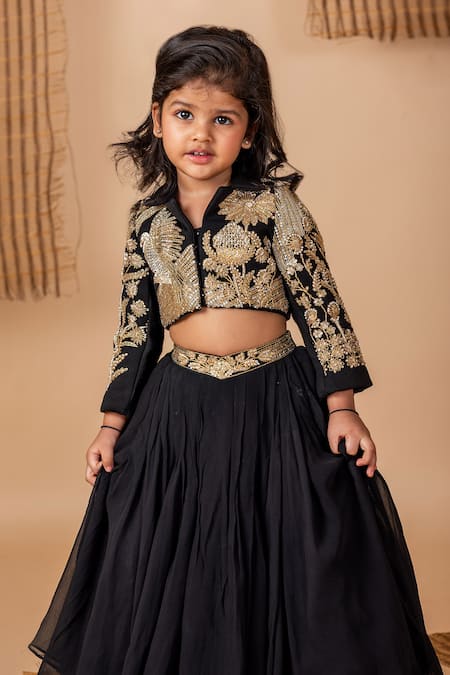 Shop Lil Angels Black Cotton Embroidery, Sequins, Beads Floral And Bird Jacket Lehenga Set Online at Aza Fashions Shop_Lil Angels_Black Cotton Embroidery, Sequins, Beads Floral And Bird Jacket Lehenga Set _Online_at_Aza_Fashions