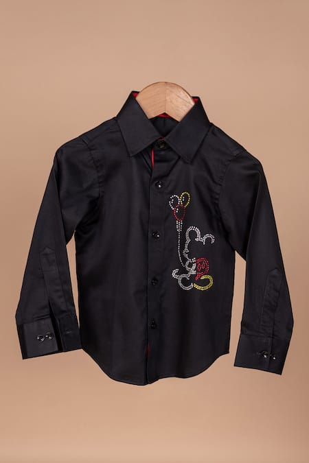 Lil Angels Black Cotton Embroidery Mickey With Ballon Swarovski Shirt 