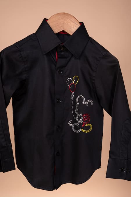 Shop Lil Angels Black Cotton Smocking Mickey With Ballon Swarovski Embroidered Shirt at Aza Fashions Shop_Lil Angels_Black Cotton Smocking Mickey With Ballon Swarovski Embroidered Shirt _at_Aza_Fashions