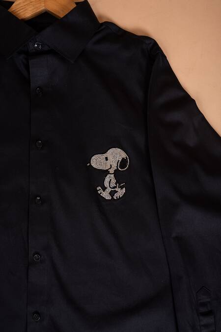 Shop Lil Angels Black Cotton Smocking, Embroidery Snoopy Swarovski Shirt at Aza Fashions Shop_Lil Angels_Black Cotton Smocking, Embroidery Snoopy Swarovski Shirt _at_Aza_Fashions