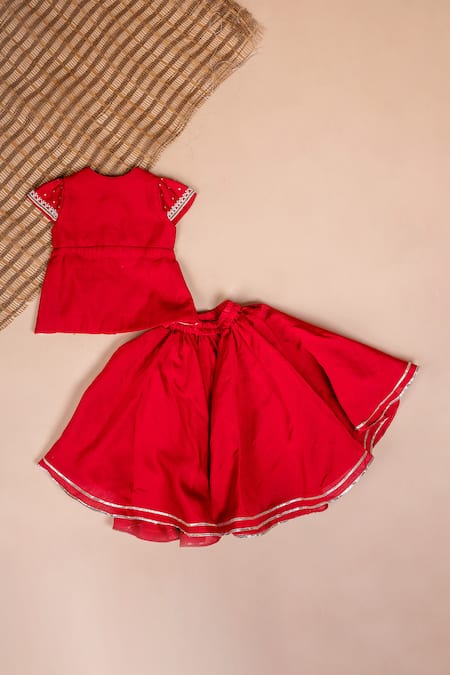 Shop Lil Angels Red Silk Beads, Sequins Butti Embroidered Blouse With Lehenga at Aza Fashions Shop_Lil Angels_Red Silk Beads, Sequins Butti Embroidered Blouse With Lehenga _at_Aza_Fashions