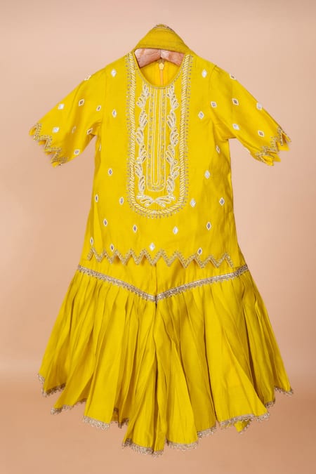 Lil Angels Yellow Silk Embroidery Butti Pearl Tunic With Sharara 