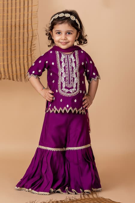 Lil Angels Purple Silk Embroidery Butti Diamond Tunic With Sharara 