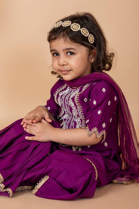 Shop Lil Angels Purple Silk Embroidery, Pearls Diamond Butti Tunic With Sharara Online at Aza Fashions Shop_Lil Angels_Purple Silk Embroidery, Pearls Diamond Butti Tunic With Sharara _Online_at_Aza_Fashions