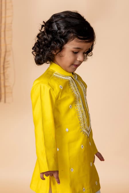 Buy_Lil Angels_Yellow Silk, Cotton Diamonds, Pearls Butti Embroidered Kurta With Pant _Online_at_Aza_Fashions