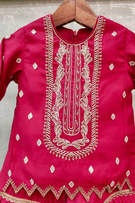 Lil Angels_Pink Silk Pearls, Embroidery Diamond Tunic With Sharara _Online_at_Aza_Fashions