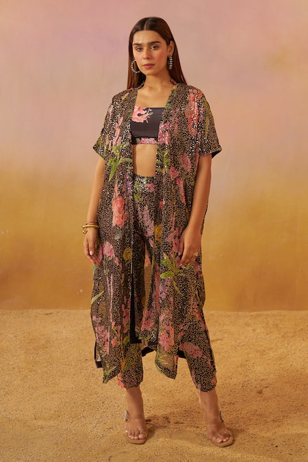 Rainas Enchanted Floral Print Sequined Cape Pant Set 