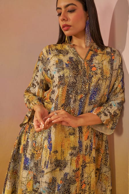 Shop_Rainas_Off White Georgette Sequins, Embroidery V-neck Abstract Print Tunic And Pant Set _Online_at_Aza_Fashions