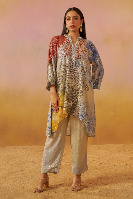 Rainas Abstract Print High-Low Tunic & Pant Set 