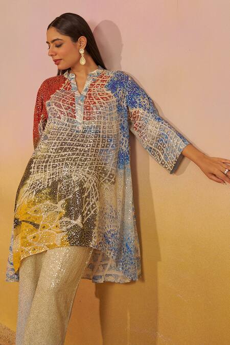Buy_Rainas_Off White Georgette Sequins Mandarin Abstract Print High-low Tunic And Pant Set _Online_at_Aza_Fashions