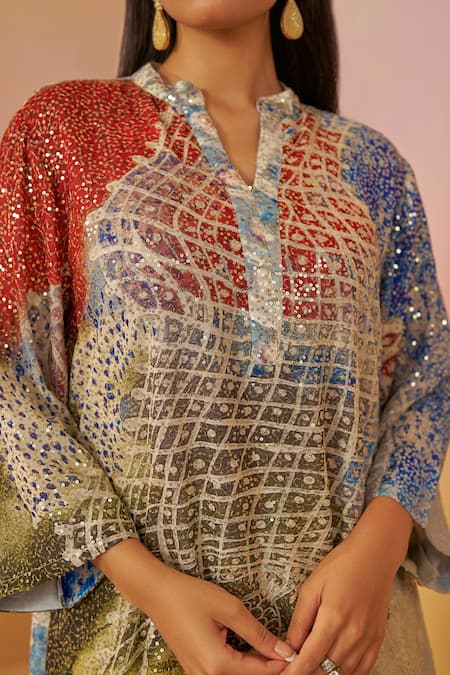 Shop_Rainas_Off White Georgette Sequins Mandarin Abstract Print High-low Tunic And Pant Set _Online_at_Aza_Fashions