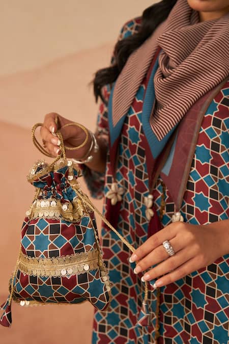 Rainas_Maroon Cotton Sequins Collared Do Rangi Ajrakh Pathani Set _Online_at_Aza_Fashions