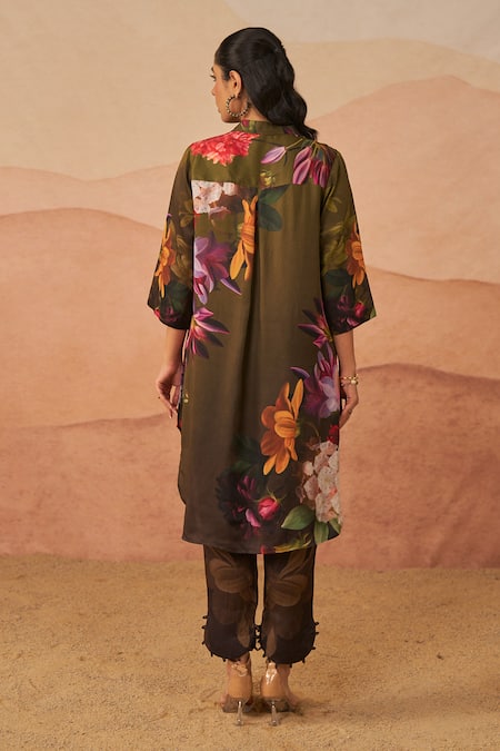 Shop Rainas Brown Twill Collared Audrey High-low Tunic With Pant at Aza Fashions Shop_Rainas_Brown Twill Collared Audrey High-low Tunic With Pant_at_Aza_Fashions