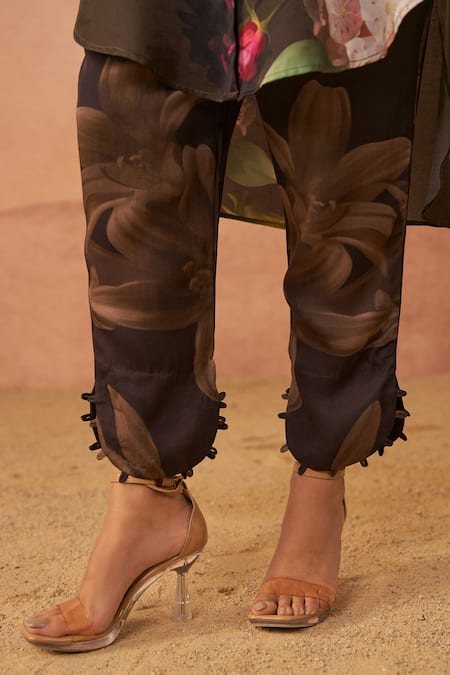 Shop Rainas Brown Twill Collared Audrey High-low Tunic With Pant Online at Aza Fashions Shop_Rainas_Brown Twill Collared Audrey High-low Tunic With Pant_Online_at_Aza_Fashions