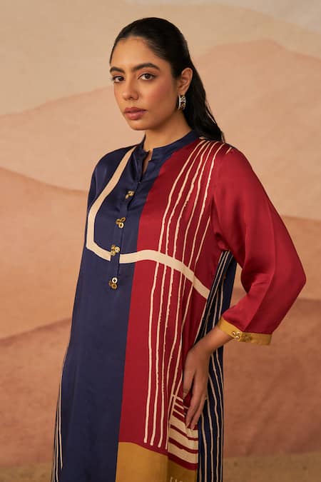 Buy_Rainas_Multi Color Satin Sequins Mandarin Collar Raeth Block Pathani Kurta Set_Online_at_Aza_Fashions