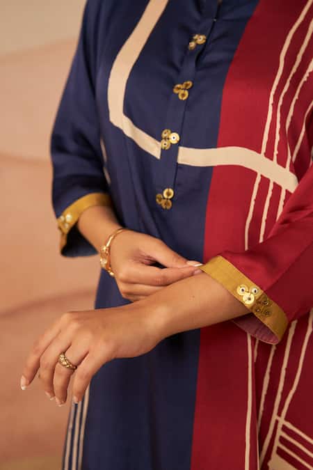 Shop_Rainas_Multi Color Satin Sequins Mandarin Collar Raeth Block Pathani Kurta Set_Online_at_Aza_Fashions