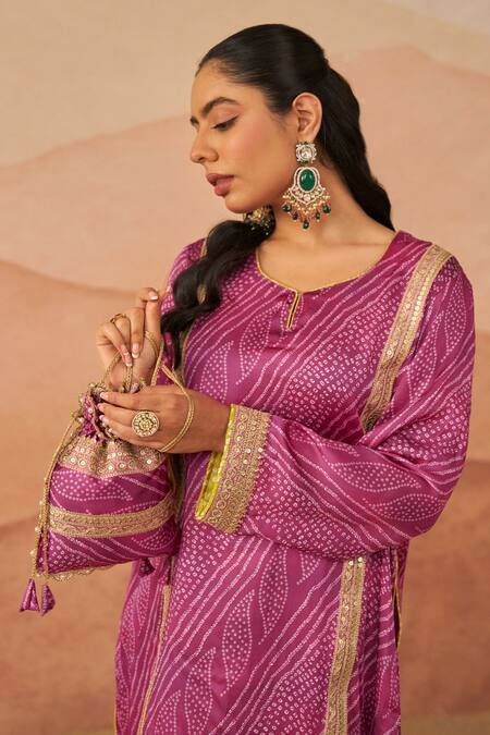 Rainas_Pink Cotton Sequins Keyhole Neck Raas Bandhani Phiran Kurta Farsi Pyjama Set_Online_at_Aza_Fashions