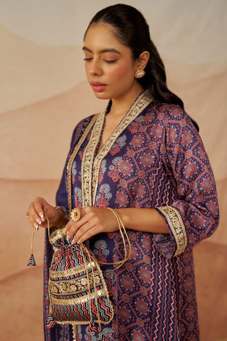 Rainas_Blue Satin Sequins, Embroidery V-neck Geometric Ajrakh Print Kurta With Pant_Online_at_Aza_Fashions
