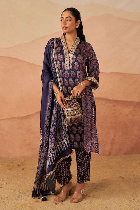Rainas_Blue Satin, Cotton Sequins, Embroidery Geometric Ajrakh Print Kurta Pant Set _Online_at_Aza_Fashions