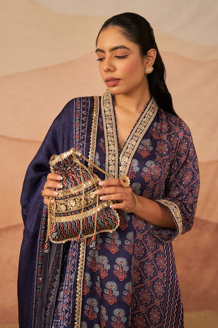 Buy_Rainas_Blue Satin, Cotton Sequins, Embroidery Geometric Ajrakh Print Kurta Pant Set _Online_at_Aza_Fashions