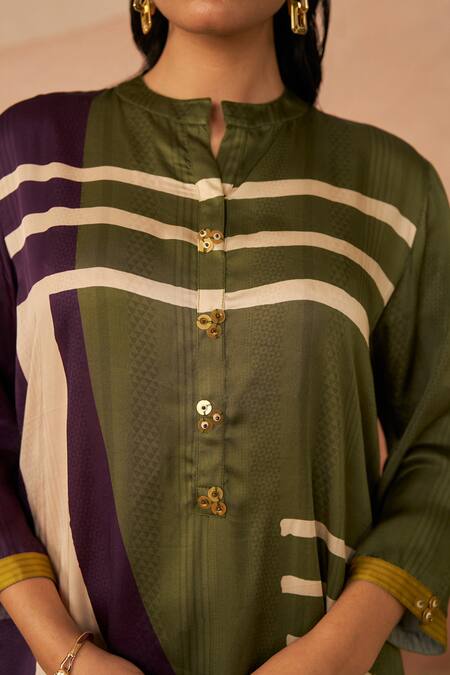 Shop_Rainas_Green Satin Sequins Mandarin Kutch Abstract Print Pathani Tunic And Pant Set _Online_at_Aza_Fashions