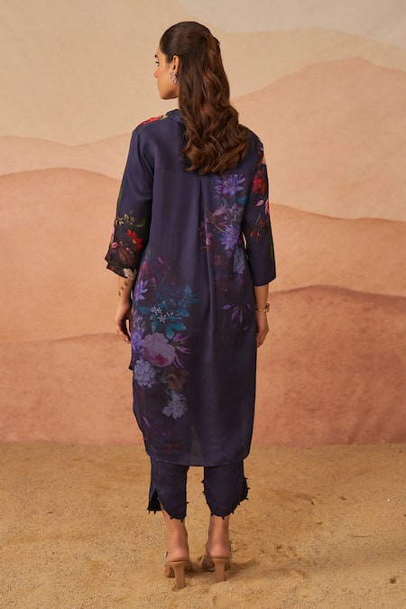Shop Rainas Blue Twill Collared Judith Botanic High-low Tunic With Pant at Aza Fashions Shop_Rainas_Blue Twill Collared Judith Botanic High-low Tunic With Pant _at_Aza_Fashions
