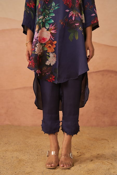 Buy Rainas Blue Twill Collared Judith Botanic High-low Tunic With Pant Online at Aza Fashions Buy_Rainas_Blue Twill Collared Judith Botanic High-low Tunic With Pant _Online_at_Aza_Fashions