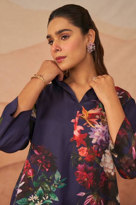 Shop Rainas Blue Twill Collared Judith Botanic High-low Tunic With Pant Online at Aza Fashions Shop_Rainas_Blue Twill Collared Judith Botanic High-low Tunic With Pant _Online_at_Aza_Fashions