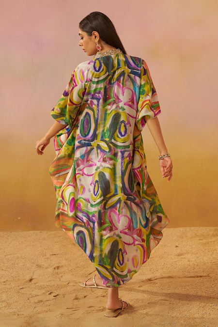 Shop_Rainas_Multi Color Cotton, Silk Embroidery Plunge Neck Abstract Print Kaftan _at_Aza_Fashions